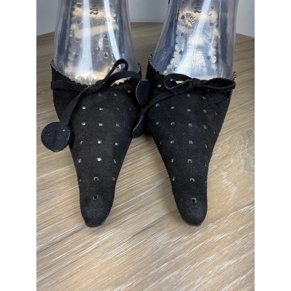 Unbranded Womens 7 Slingback Heels Black Bow Faux Suede Pointy Toe Stiletto